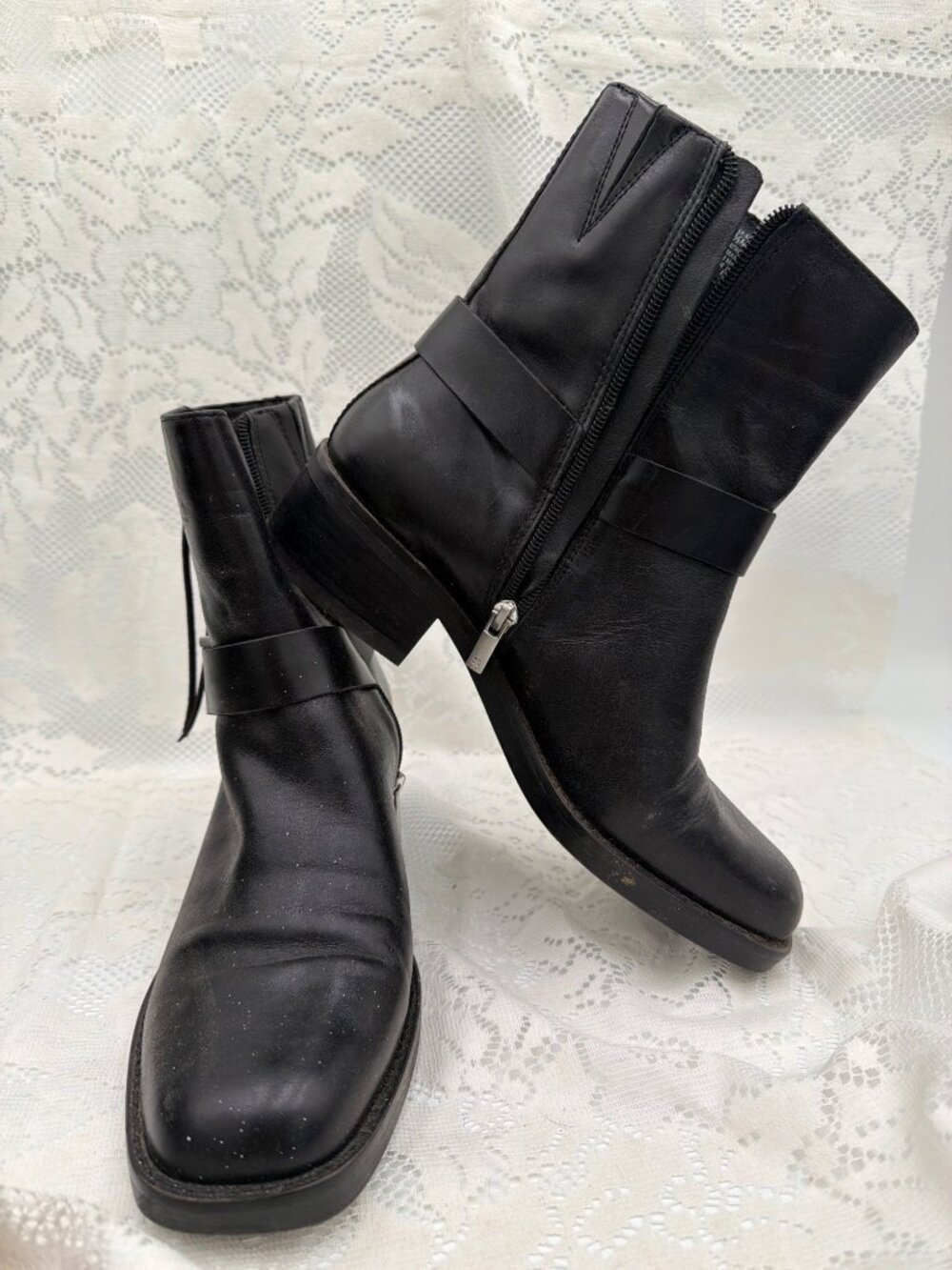 Black Leather Ankle Boots With Side Zipper & Lace-Up Western Detail Sz 8.5